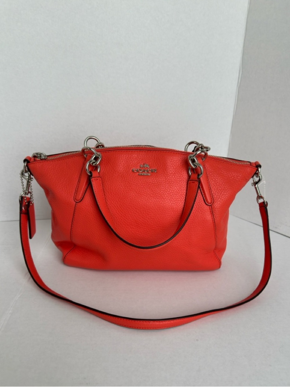 Coach Coral Red Pebbled Leather Satchel Crossbody Shoulder Bag Zip Top Classic - Picture 12 of 13